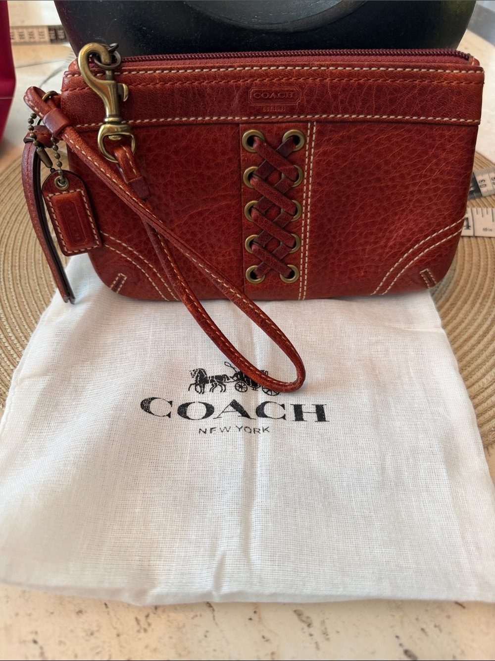 Coach Vintage Red-Brown Pebbled Leather Wristlet with Lace-Up Grommet & Tassel